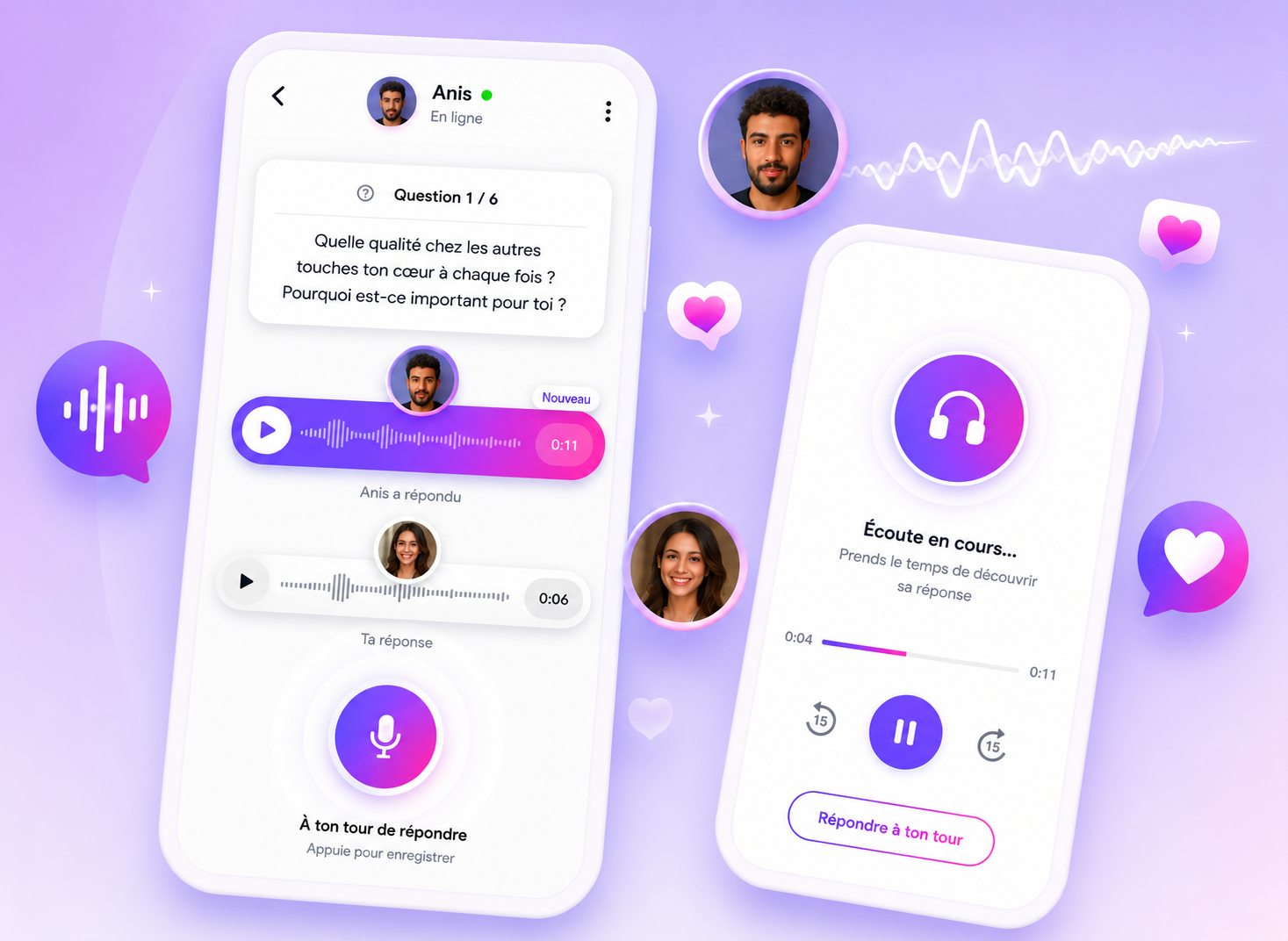 Aperçu de l'échange audio sur Free4Meet — questions guidées, réponses vocales et écoute entre deux profils