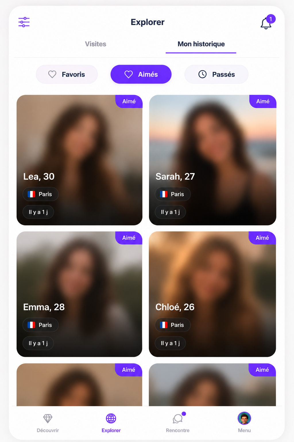 Écran Explorer de Free4Meet — grille de profils floutés avec historique des likes