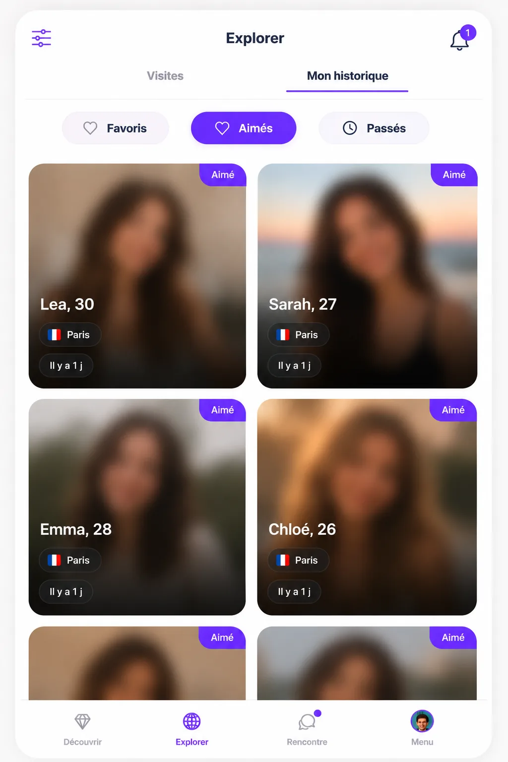 Écran Explorer de Free4Meet — grille de profils floutés avec historique des likes