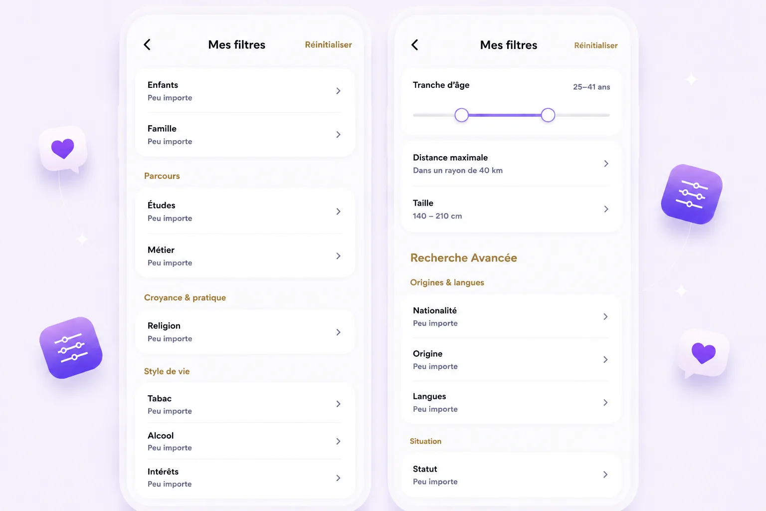 Aperçu des filtres de recherche avancés sur Free4Meet — âge, distance, religion, origines, langues et style de vie